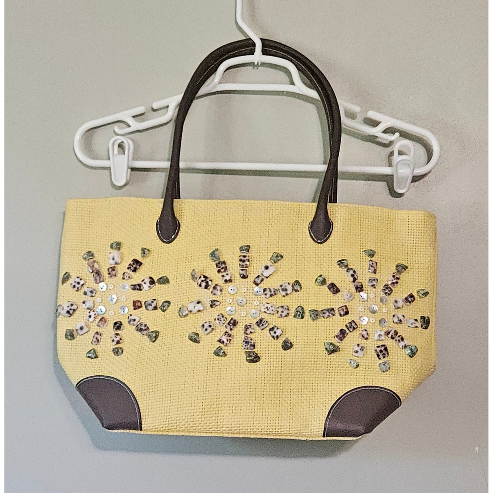 Donna Dixon Y2K Beaded Raffia Handbag Yellow Brown Leather Trim Vintage‎ 2000s